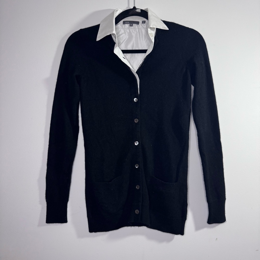 Vince 100% Cashmere Cardigan XS Black Button Front Layered Collar Sweater